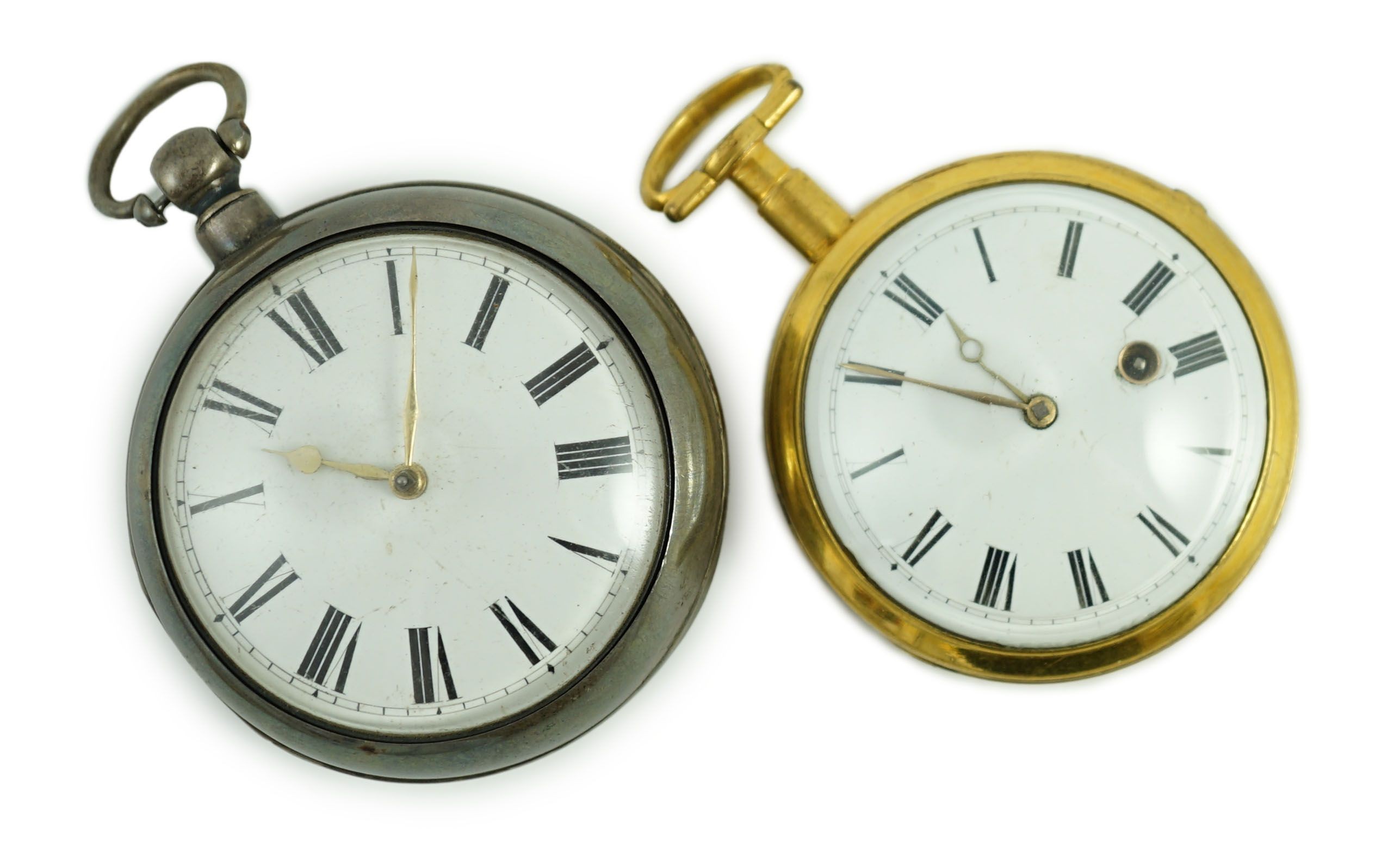 A Victorian silver pair cased pocket watch by Edward Fowle, Westerham and a gilt metal pocket watch missing outer case